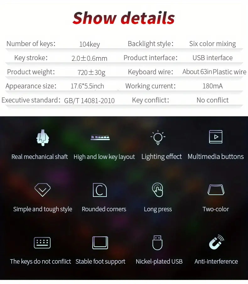 NNETM Caller Mechanical Keyboard - 104 Keys, Green Axis, Backlit, Wired USB, Black [Green Axis]-2