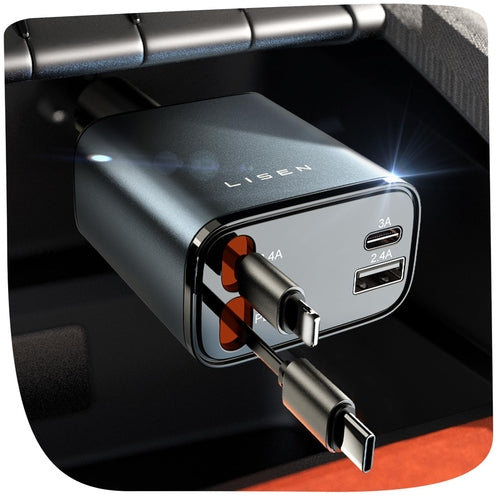 Retractable Fast Car Charger — 69W USB-C + USB Dual-Port Charger